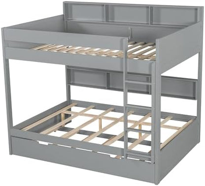 Wood Bunk Bed Full Over Full Size with Built-in Storage Shelves, Versatile Bunk Bed Frame with Ladder and Trundle Bed for Kids Teens Adults, Maximize Space (Gray-2.10)