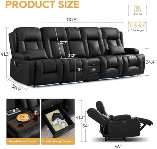 IPKIG Power Loveseat Recliner Sofa with Flip Back Console, 110.9" - 5 Seat
