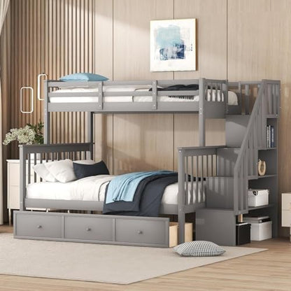 MERITLINE Twin Over Full Convertible Bunk Bed with Storage Stairs and Drawers,Solid Wood Detachable Bunk Bed with Storage Shelves for Adults,No Box Spring Needed (Grey)