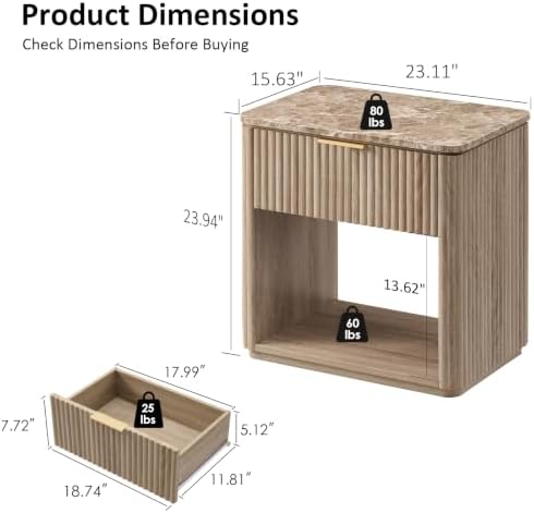 Curved Fluted Nightstand Set of 2 with Faux Marble Top, Natural Oak