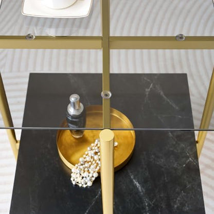 Square Glass End Table, Mid-Century Modern Side Table for Living Room, L18xW18xH23inch, Grey Glass and White Marble MDF Wood, Gold Finish Frame