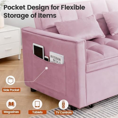 Sleeper Sofa Bed with Adjustable Backrest & Side Pockets, Pink