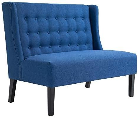 HOMCOM Wingback Double Sofa Linen Fabric Upholstery Button Tufted Loveseat Armless Couch Modern Contemporary Living Room Settee with Wood Legs, Blue