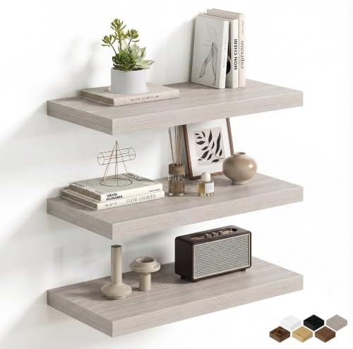 Floating Shelves for Wall, 24 Inch Floating Shelves Set of 3, Wall Mounted Rustic Wood Shelf for Bathroom, Living Room, Bedroom and Kitchen, Hanging Shelf for Storage, Books, Home Decor, Gray