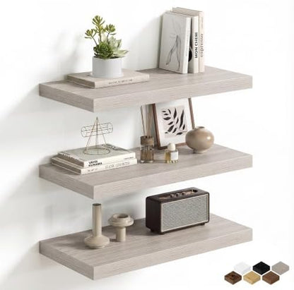 Floating Shelves for Wall, 24 Inch Floating Shelves Set of 3, Wall Mounted Rustic Wood Shelf for Bathroom, Living Room, Bedroom and Kitchen, Hanging Shelf for Storage, Books, Home Decor, Gray