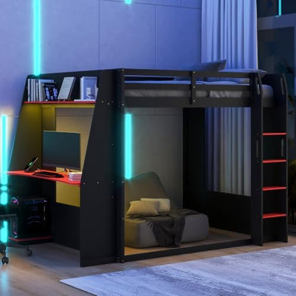 Queen Size Wooden Gaming Bunk Bed with Desk Black+Red1