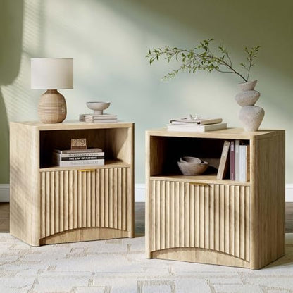 Evermagin Fluted Nightstand Set of 2, Natural Oak Bedside Table with Drawer