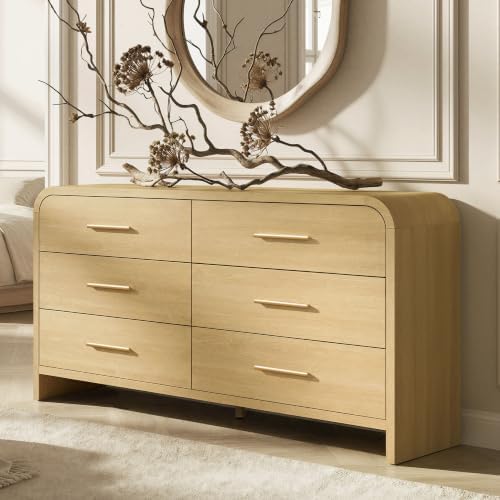 Curved 6-Drawer Dresser for Bedroom, 54" Wide Modern Chest of Drawers, Vanity Desk TV Stand for Living Room, Closet Storage Drawers Organizer Furniture, Nursery, Hallway, Oak
