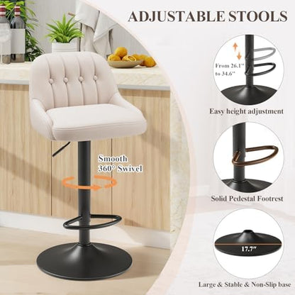 MALOL Bar Stools Set of 6, Swivel Bar Chairs, Modern Adjustable PU Leather Upholstered Barstools Counter Height with Tufted Back for Bar, Kitchen Counter Island, Dining Room, Beige