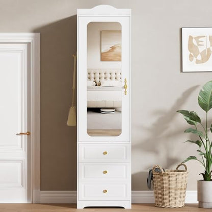 Armoire Wardrobe Closet, Updated 15.7" W White Bedroom Armoires Cabinet with Mirror Door and 3 Drawers, 69.5" H Clothing Storage Cabinet with Hanging Rod & Sensor Light for Bedroom-Left