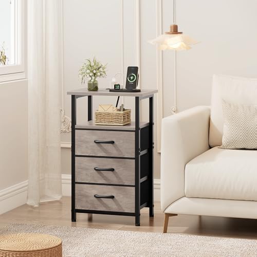 Nightstand with Charging Station, Bedside Table with USB Ports and Outlet, End Table Side Table with 3 Fabric Drawers and Storage Shelf, Bed Side Table Night Stand for Bedroom, Greige