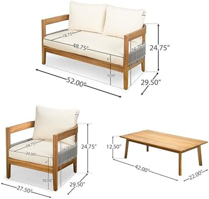 Merax 4 Piece Patio Outdoor Furniture Set, All-Weather Acacia Wood Curved Loveseat Sofa, 2 Club Armchairs with Cushions,1 Coffee Table, Conversation Set for Backyard Deck Poolside, Teak+ Beige