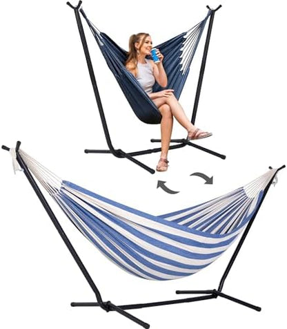 SUNCREAT 2-in-1 Convertible Hammock with Stand, Blue White Stripe