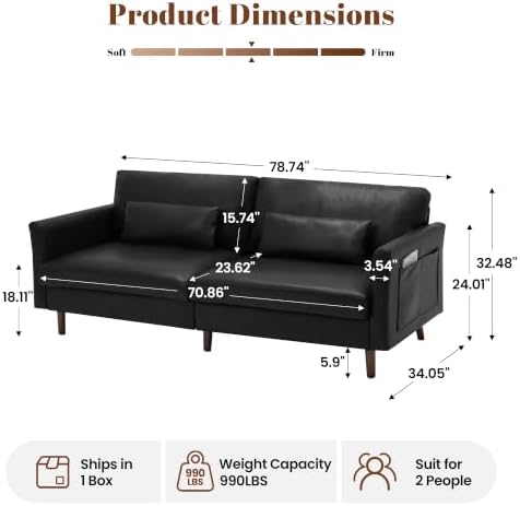 Faux Leather 3-Seater with Side Pocket, Black