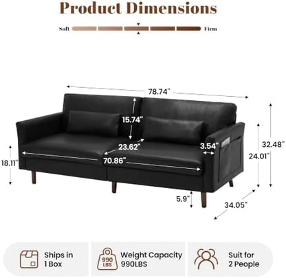 Faux Leather 3-Seater with Side Pocket, Black