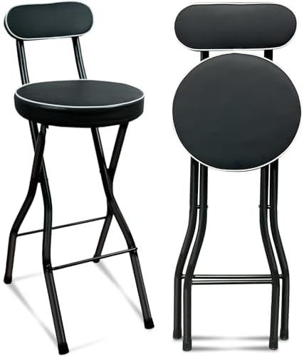 UWEAR 1 PCS Folding Bar Stool with Back, Tall Foldable Stool Seat Padded Portable Stools Counter Height Foldable Stools Chairs Collapsible Stool for Adults Kitchen Island (Black)