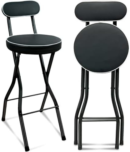 UWEAR 1 PCS Folding Bar Stool with Back, Tall Foldable Stool Seat Padded Portable Stools Counter Height Foldable Stools Chairs Collapsible Stool for Adults Kitchen Island (Black)