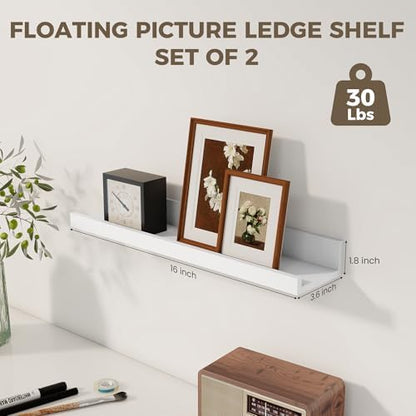 Floating Shelves, 16 Inch White Picture Ledge Shelf Set of 2
