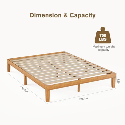 OLIXIS 12 Inch Queen Size Solid Wood Platform Bed Frame, Honey Wood