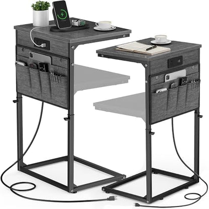 Vagusicc C-Shaped End Table Set of 2 with Charging Station, Small Side Table for Couch, Adjustable Height Couch Side Table, Slide Under Sofa Table TV Tray for Living Room,Bedroom,Bedside, Gray Walnut