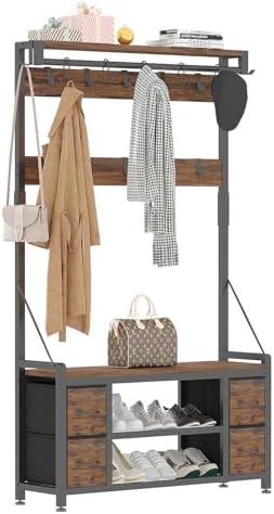 39" Hall Tree with Storage Coat Rack freestanding Entryway Furniture Bench, 5 in 1 Design Front Door Shoe Rack and Wall Rack Hooks, and 4 Drawers (Rustic Brown)