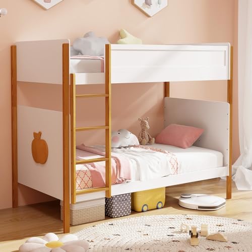GIANTEX Twin Over Twin Bunk Bed, Solid Wood Bunk Bed Frame w/Integrated Ladder & Safety Guardrails, Space-Saving Convertible 2-in-1 Bunk Beds for Kids, Teens, No Box Spring Needed, White+Natural