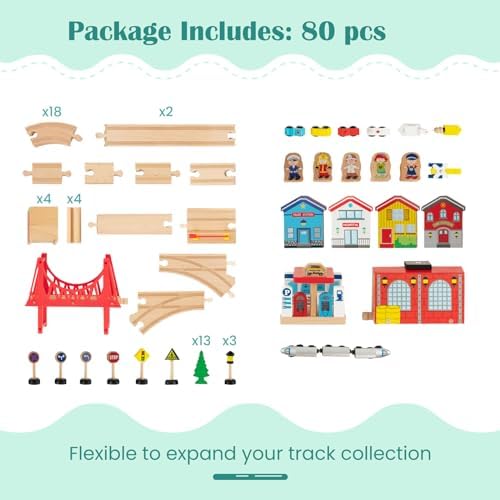 GLACER Train Table, 80 Pieces Wooden Toy Activity Table with Reversible Top