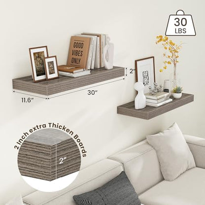 FLYJOE 30 Inch Floating Shelves, 12'' Deep Grey Shelves for Wall Set of 2