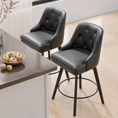 VINGLI 26" H Swivel Barstools Set of 1, PU Leather Upholstered Counter Stool with Back, Kitchen High Chairs Counter Height Bar Stools with Cushion, Solid Wood Legs, Black