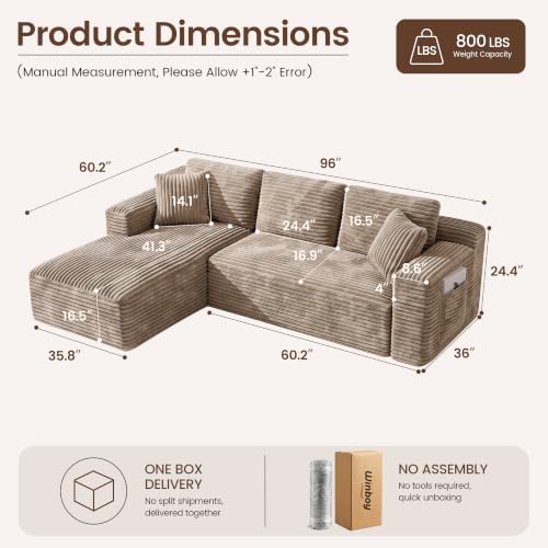 WINBOY 97" L Shaped Boneless Couches for Living Room, Comfy Modular Deep Seat Compressed Corduroy Sofa with Side Pocket,Left Facing Chiase,Camel