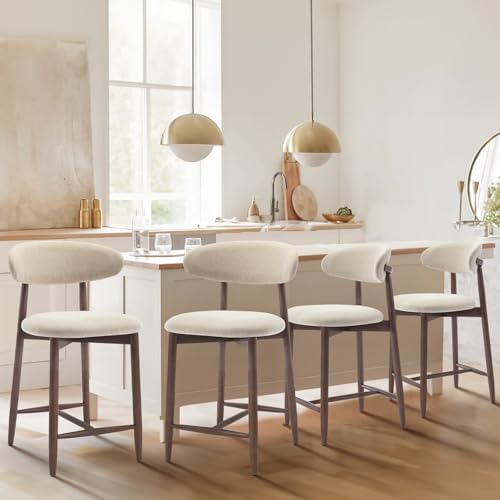 COLAMY Counter Height Bar Stools Set of 4, Kitchen Bar Stools with Back, Mid Century Modern Upholstered, with Wood Legs for Kitchen Island Dining Room, Beige