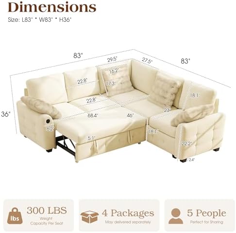 Ihanherry L-Shaped Sectional Sofa Bed with Storage, 5-Seater Convertible Pull Out Sleeper Sofa with USB Charging Ports, 4 Pillows & Wide Armrests, Chenille Fabric for Living Room, Apartment（Beige）