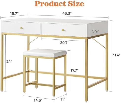 SUPERJARE 43-inch Modern White & Gold Desk - 2 Drawer Vanity