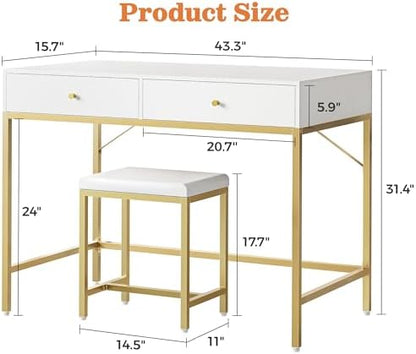 SUPERJARE 43-inch Modern White & Gold Desk - 2 Drawer Vanity