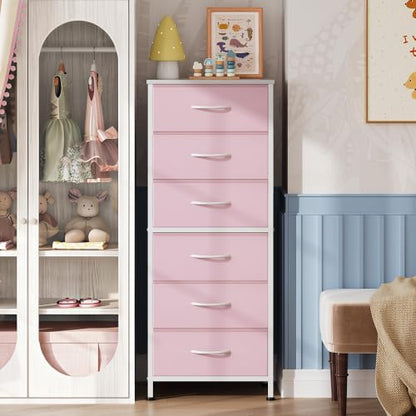 WLIVE Fabric Dresser for Bedroom, 6 Drawer Dressers Chest of Drawers, Pink
