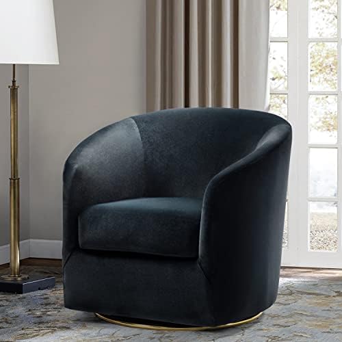 HULALA HOME Swivel Accent Chair with Gold Metal Base, Contemporary Velvet Curved Swivel Barrel Chair, Upholstered Club Armchair, Leisure Single Sofa for Living Room, Nursery, Bedroom(Black)