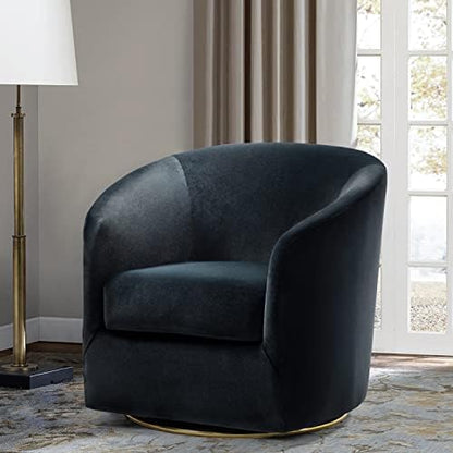 HULALA HOME Swivel Accent Chair with Gold Metal Base, Contemporary Velvet Curved Swivel Barrel Chair, Upholstered Club Armchair, Leisure Single Sofa for Living Room, Nursery, Bedroom(Black)