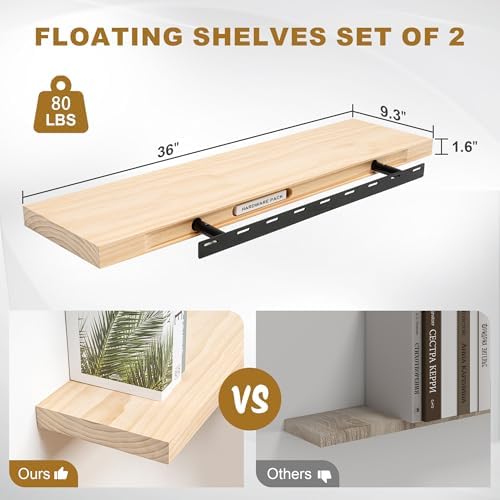 Floating Shelves, 9.3'' Deep Solid Pine Wood Wall Shelves for Storage, Wall Mounted Display Shelf with Invisible Heavy-Duty Metal Bracket, 36'' Width Set of 2, Unfinished - DIY Stain
