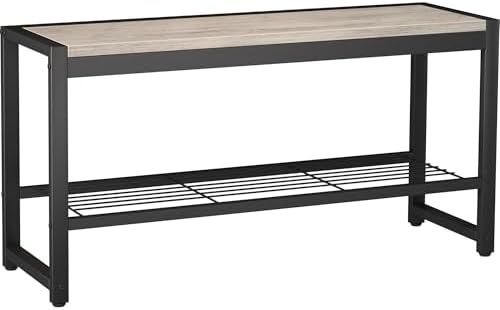 HOMEFORT 2 Tiers Shoe Bench, Retro Industrial Shoe Storage Bench with Mesh Shelf and Sturdy Metal Frame, Metal Shoe Rack Bench for Hallway, Mudroom, Living Room, Washed Gray
