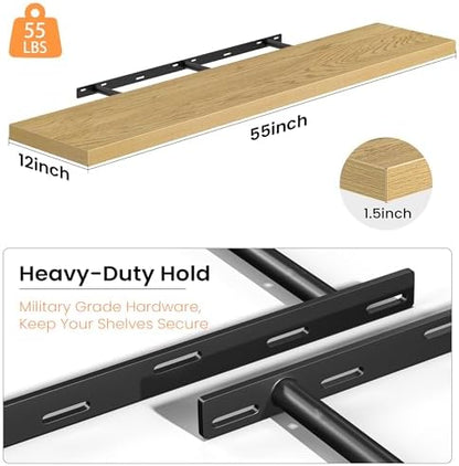 Oak Floating Shelves for Wall, 55 Inch Floating Shelves Set of 2, Wall Mounted Rustic Wood Shelf for Bathroom, Living Room, Bedroom and Kitchen, Hanging Shelf for Storage, Books, Home Decor