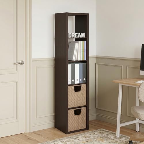 5-Cube Tall Bookshelf, Cubicle Shelf Bookcase with Open Back, Position Reversible Book Shelf, 15 x 16 x 72, for Home Office, Living Room, Dark Oak