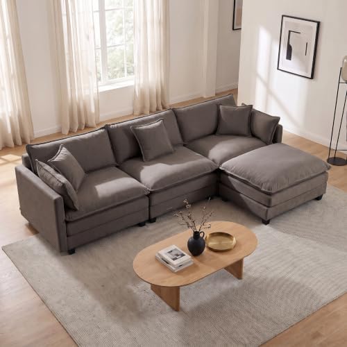 Modern 113" L Shaped Sectional Sofa Cloud Couch, Comfy Chenille Modular Sleeper Sofa, Upholstery Sofa with Ottoman & Memory Foam for Living Room, Grey