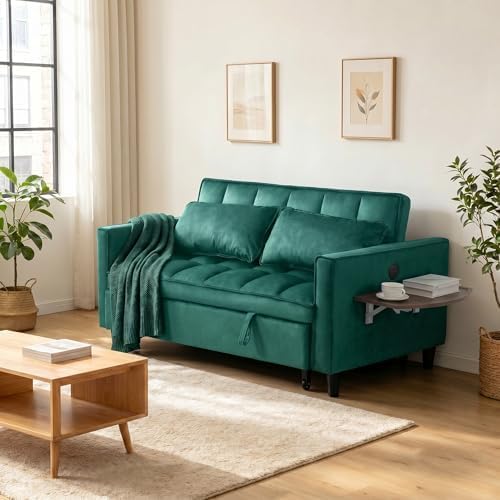 4 in 1 Convertible Sofa Bed, Pull Out Couch with Adjustable Backrest, Loveseat Sleeper Sofa Bed with USB Ports and Side Table, Couch Beds for Living Room, Bedroom, Apartment, Green