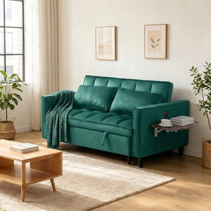 4 in 1 Convertible Sofa Bed, Pull Out Couch with Adjustable Backrest, Loveseat Sleeper Sofa Bed with USB Ports and Side Table, Couch Beds for Living Room, Bedroom, Apartment, Green