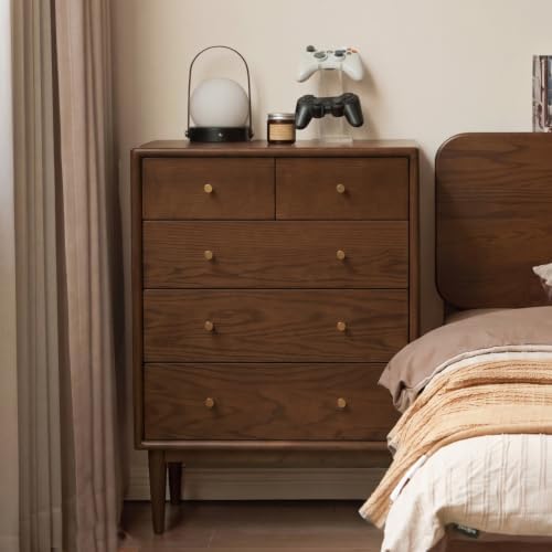 Solid Wood 5 Drawers Nightstand for Bedroom, Oak Wood