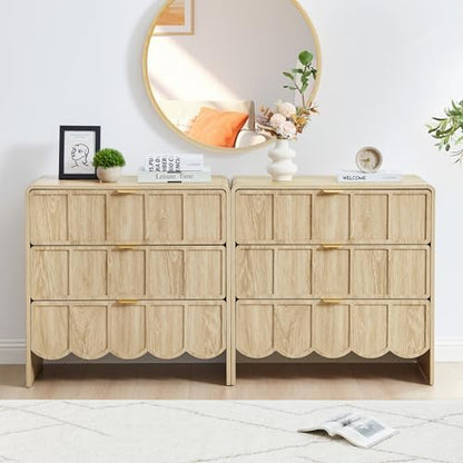 3 Drawer Dresser for Bedroom Set of 2, Modern Closet Chest of Drawers with Wave Fluted Drawer, Wood Storage Small Dresser Organizer for Nursery Bedroom Living Room Hallway Closet (Natural)