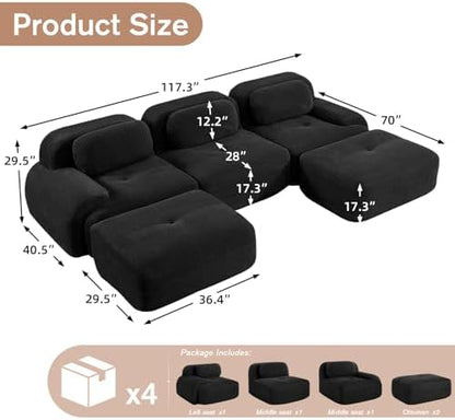 117" Corduroy Modern Sectional Couch, Boneless Couch, Compact sofa, Black