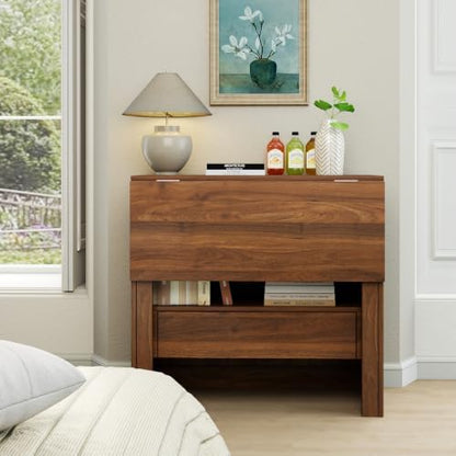 JIJIWANG Convertible Fold-Out Desk with Drawers and Bookshelf, Natural