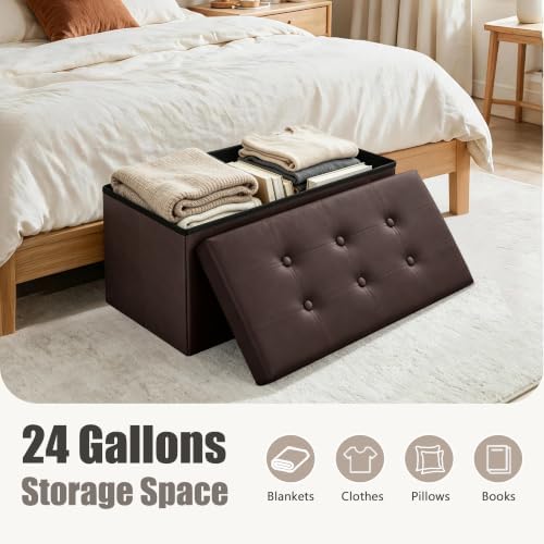 30 Inches Folding Storage Ottoman Bench, Faux Leather Footstool Ottoman, Storage Trunk Footrest for Bedroom, Living Room and Hallway, Support 350lbs, Brown(Brown line)