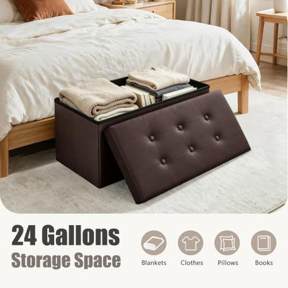30 Inches Folding Storage Ottoman Bench, Faux Leather Footstool Ottoman, Storage Trunk Footrest for Bedroom, Living Room and Hallway, Support 350lbs, Brown(Brown line)